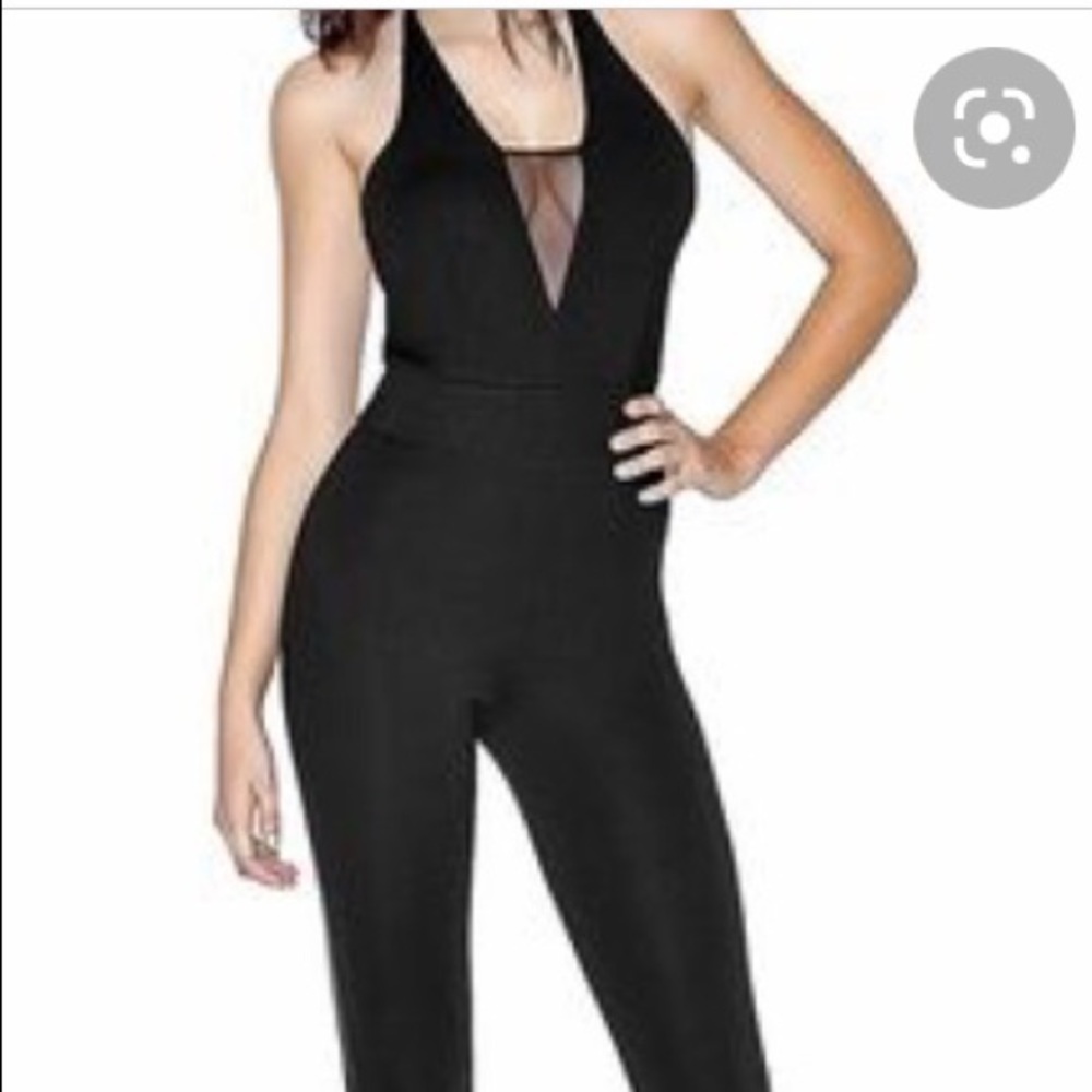 Guess! New Black Halter Jumpsuit  V-Neck with Mesh Panel Belt Waist Detail